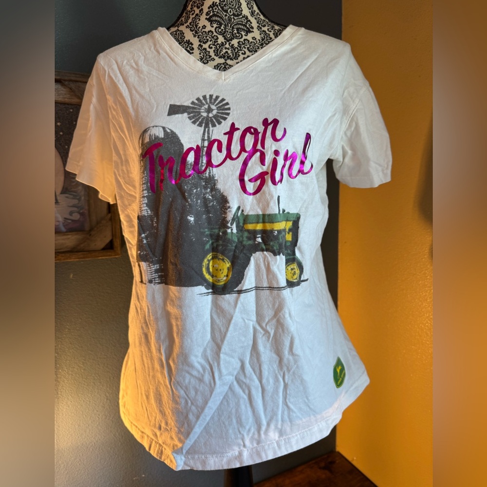 John Deere White Tee with Pink Tractor Girl Graphic